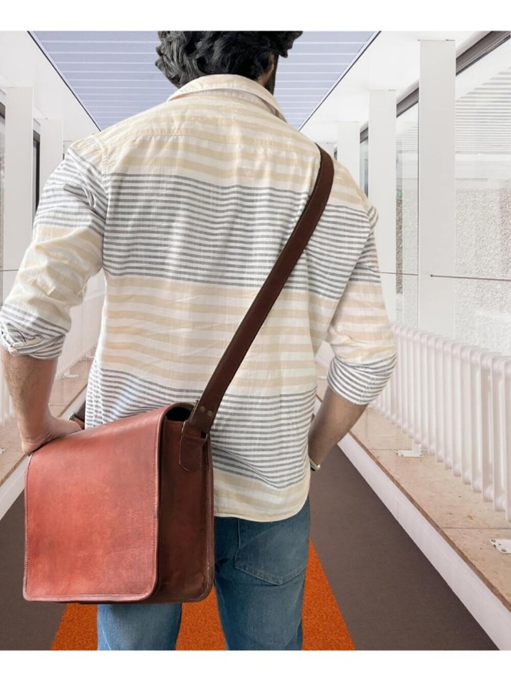 Men's Brown Genuine Leather Vintage Adjustable Strap Stylish Messenger Hand Bag - Picture 3 of 6